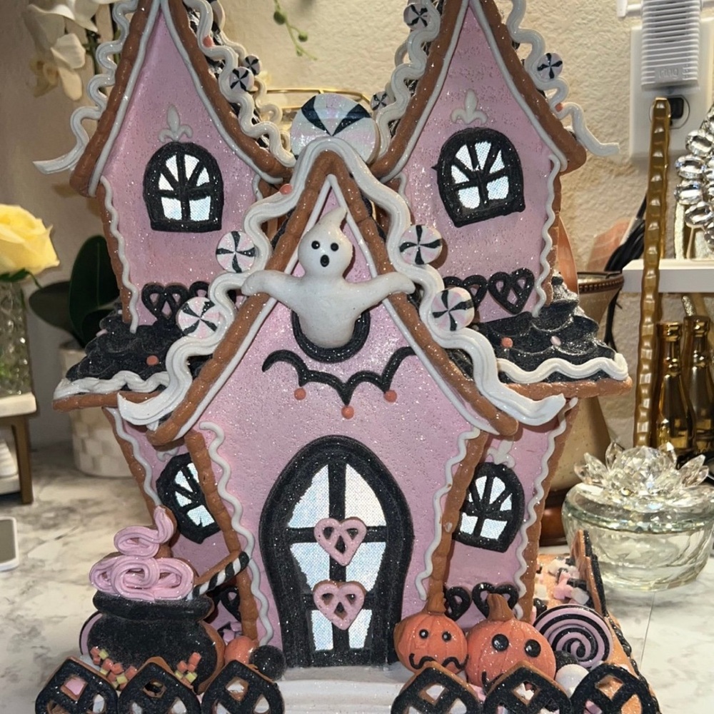 Pink Halloween Gingerbread House Decor